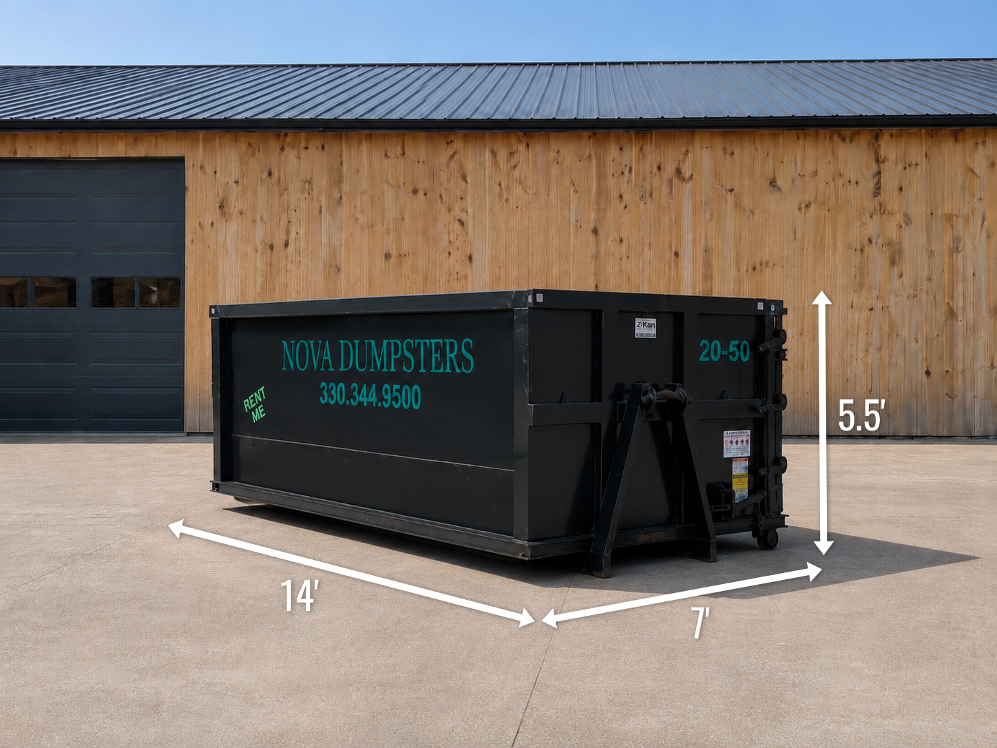 Nova Dumpsters 20 yard roll-off bin — 14' long, 7' wide, 5.5' tall