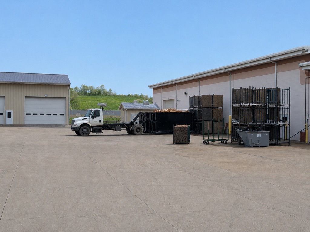 Nova Dumpsters truck delivering a dumpster to a commercial facility