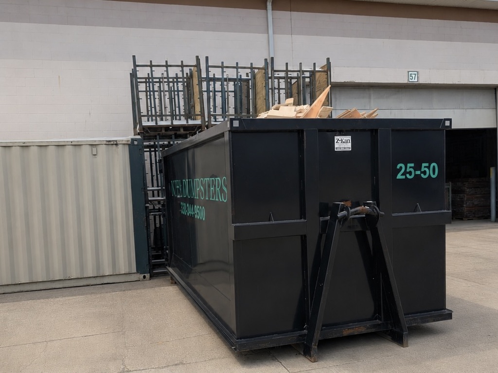 Nova Dumpsters 25-yard roll-off container ready for pickup