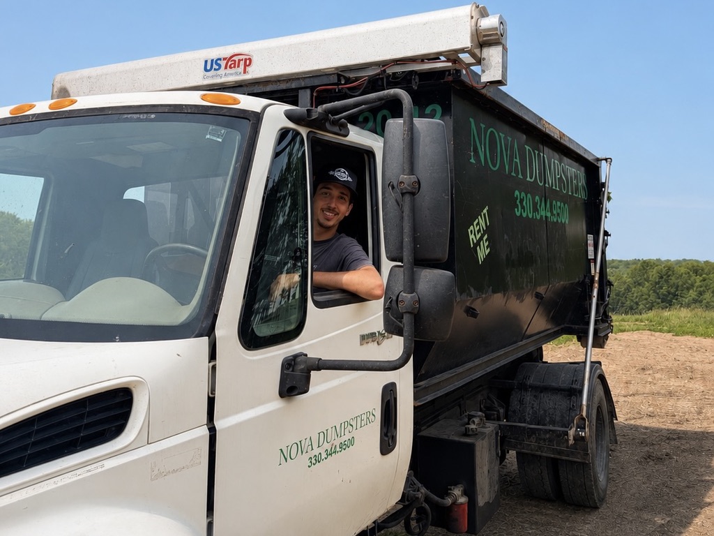Nova Dumpsters driver smiling from the cab of a service truck