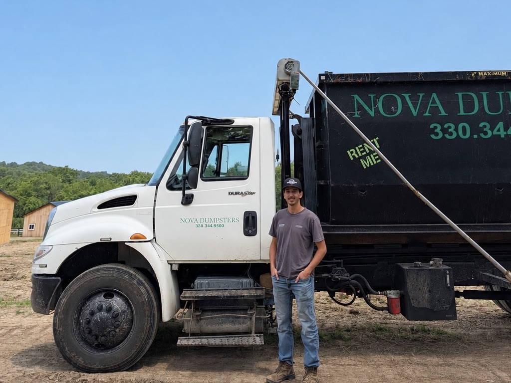 Nova Dumpsters team member standing beside a loaded roll-off truck
