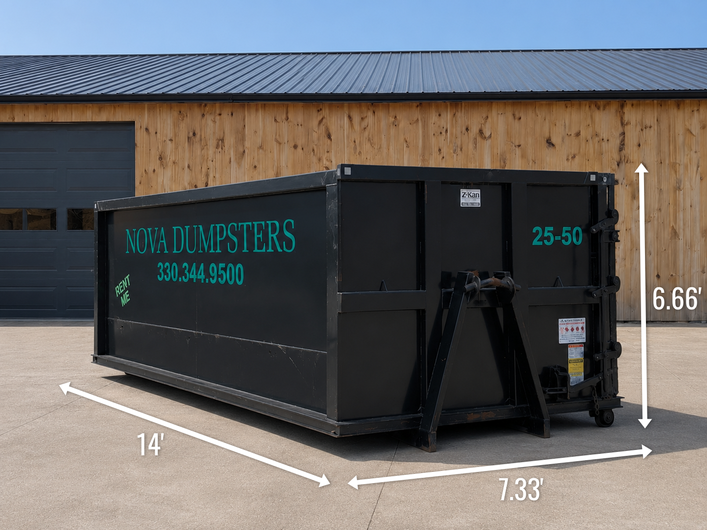 Nova Dumpsters 25 yard roll-off bin — 14' long, 7.33' wide, 6.66' tall