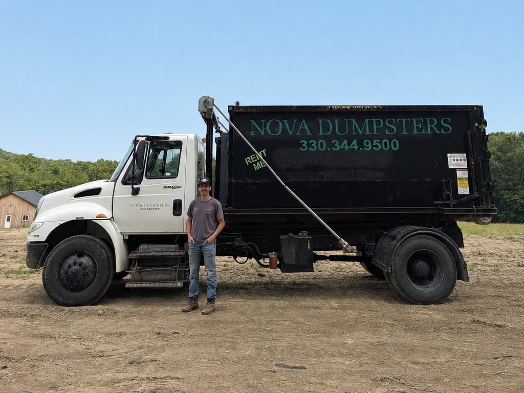 Nova Dumpsters owner standing in front of a loaded service truck
